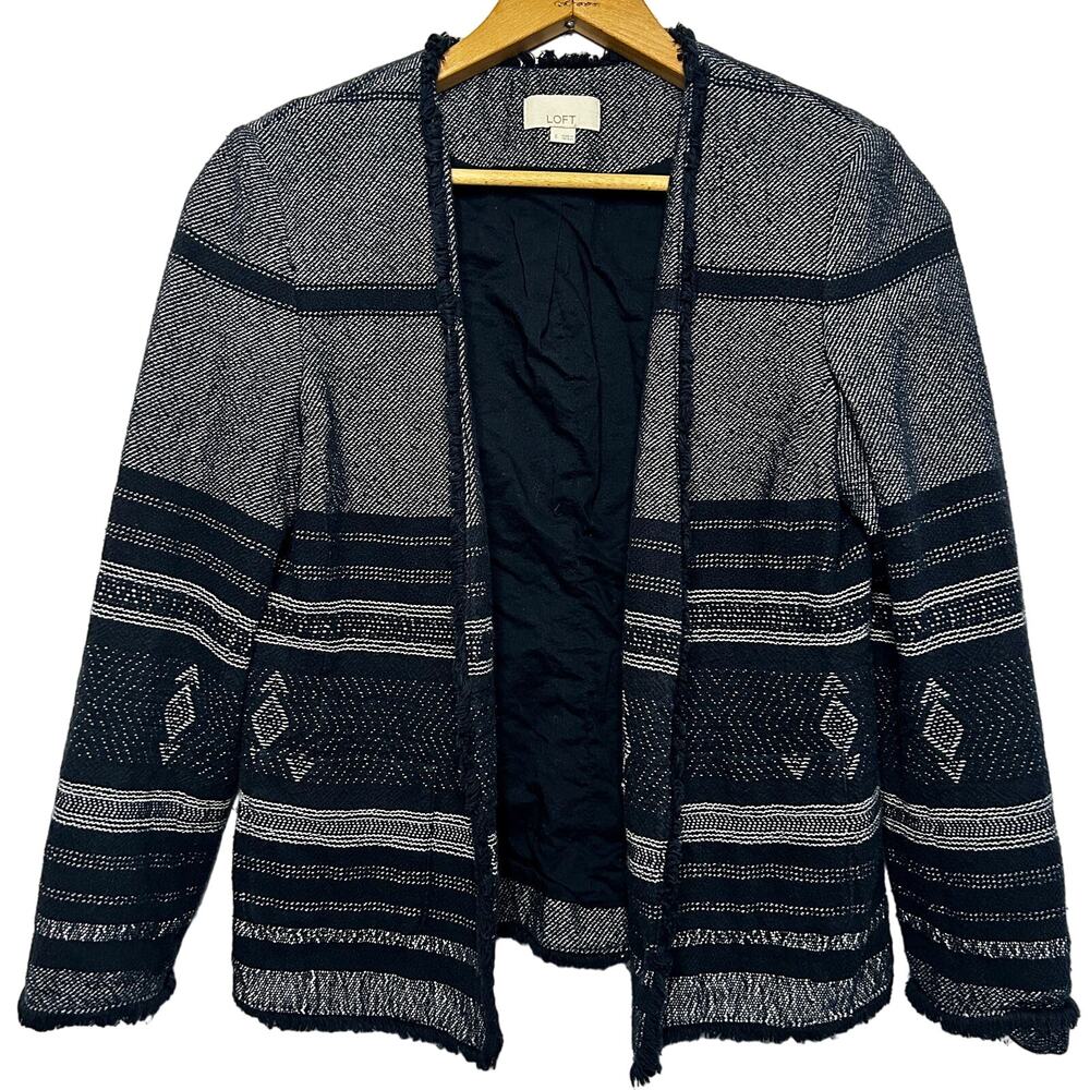 LOFT Woven Fringe Jacket Coat S Navy Blue Gray Academia Office Career Blazer